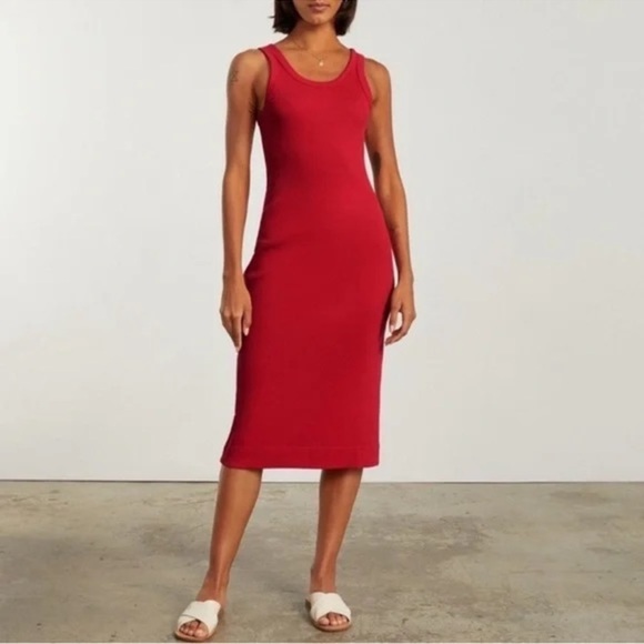 Everlane 90s Ribbed Tank Dress Midi Organic Cotton Cutaway Neckline Red L - Picture 1 of 8